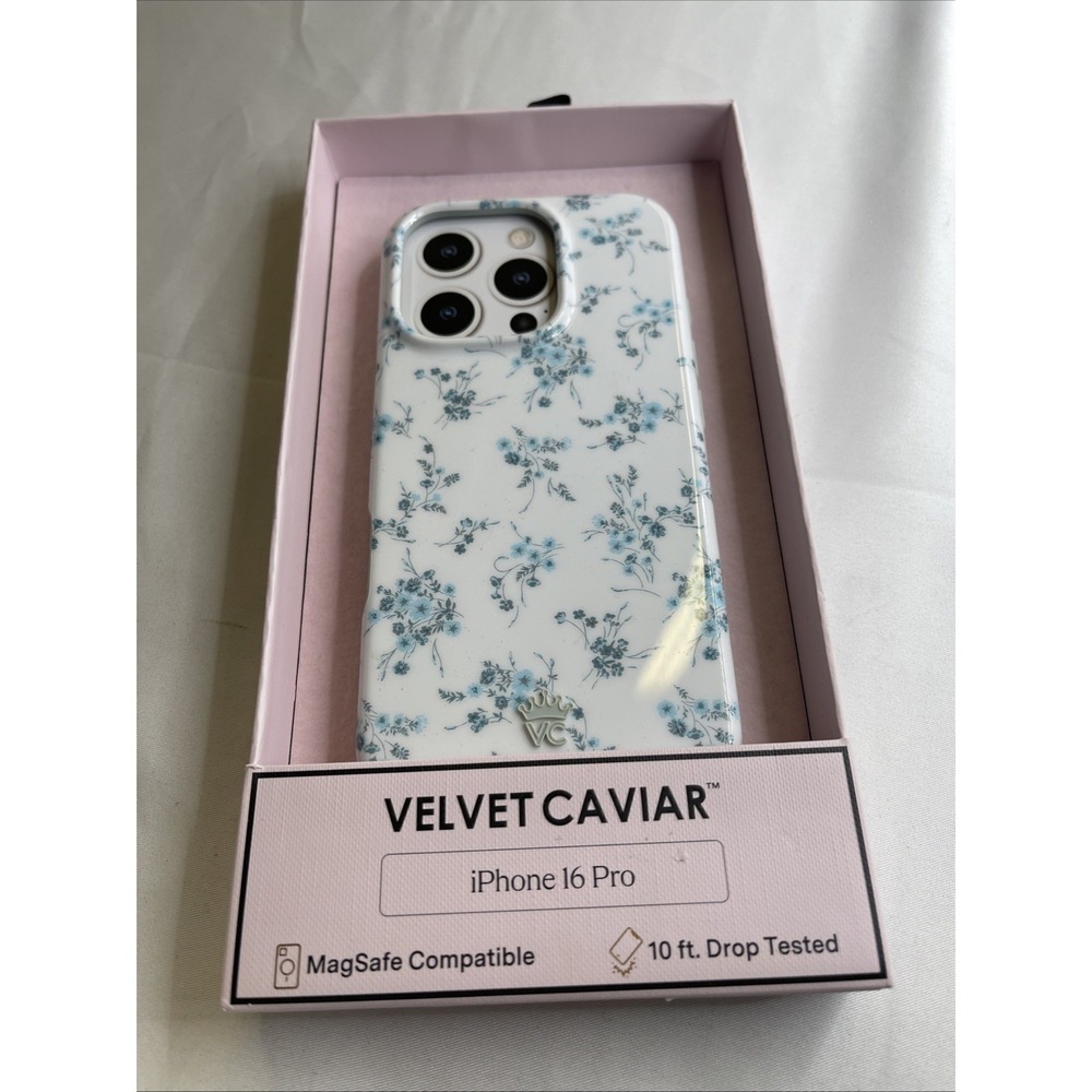 Velvet Caviar iPhone 16 Pro Protective Case Blue Flower Print MagSafe 10ft Drop